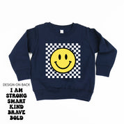 Big Yellow Checker Smiley - I am Strong Smart Kind Brave Bold (f & b) - Child Sweater Little Mama Shirt Shop
