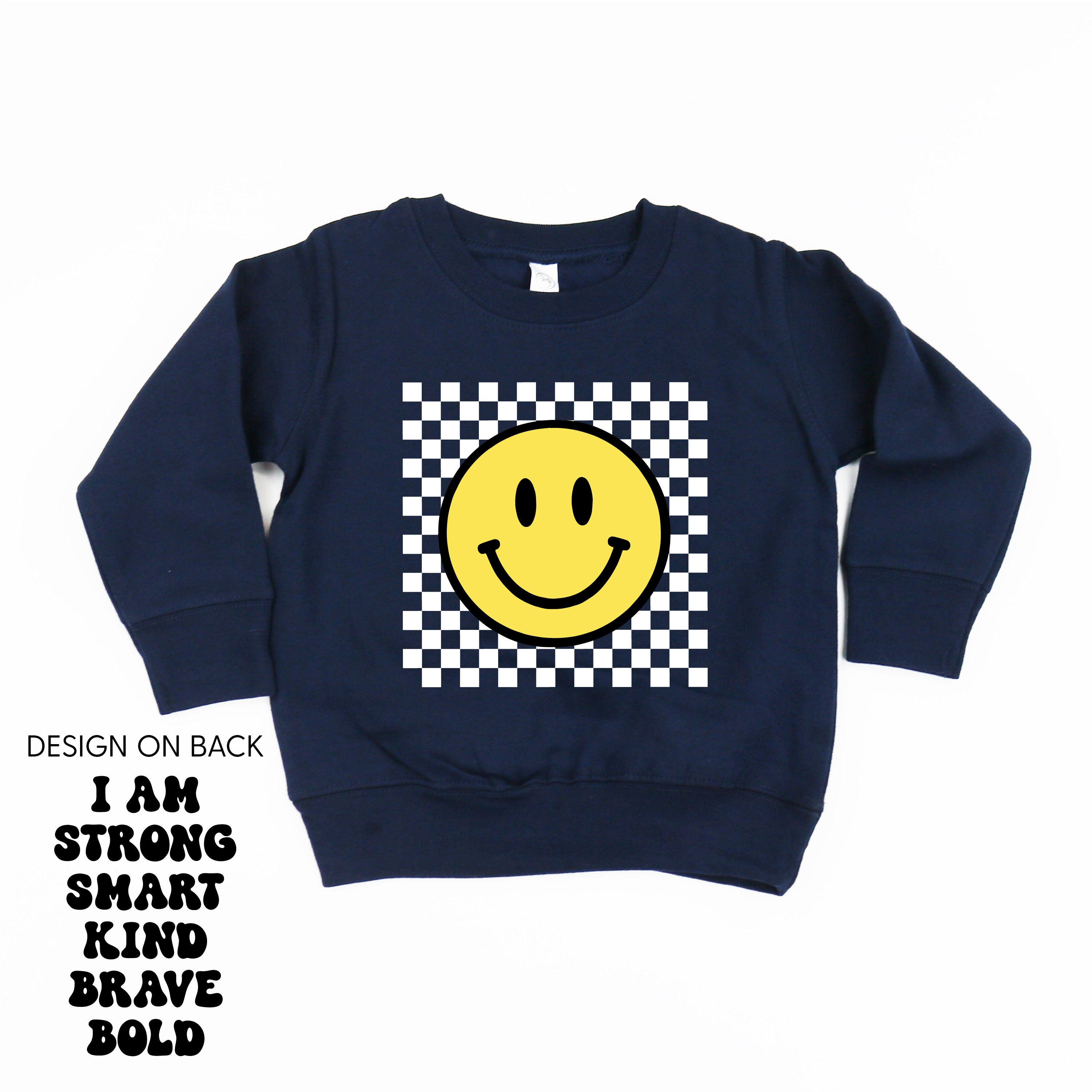 Big Yellow Checker Smiley - I am Strong Smart Kind Brave Bold (f & b) - Child Sweater Little Mama Shirt Shop