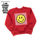 Big Yellow Checker Smiley - I am Strong Smart Kind Brave Bold (f & b) - Child Sweater Little Mama Shirt Shop