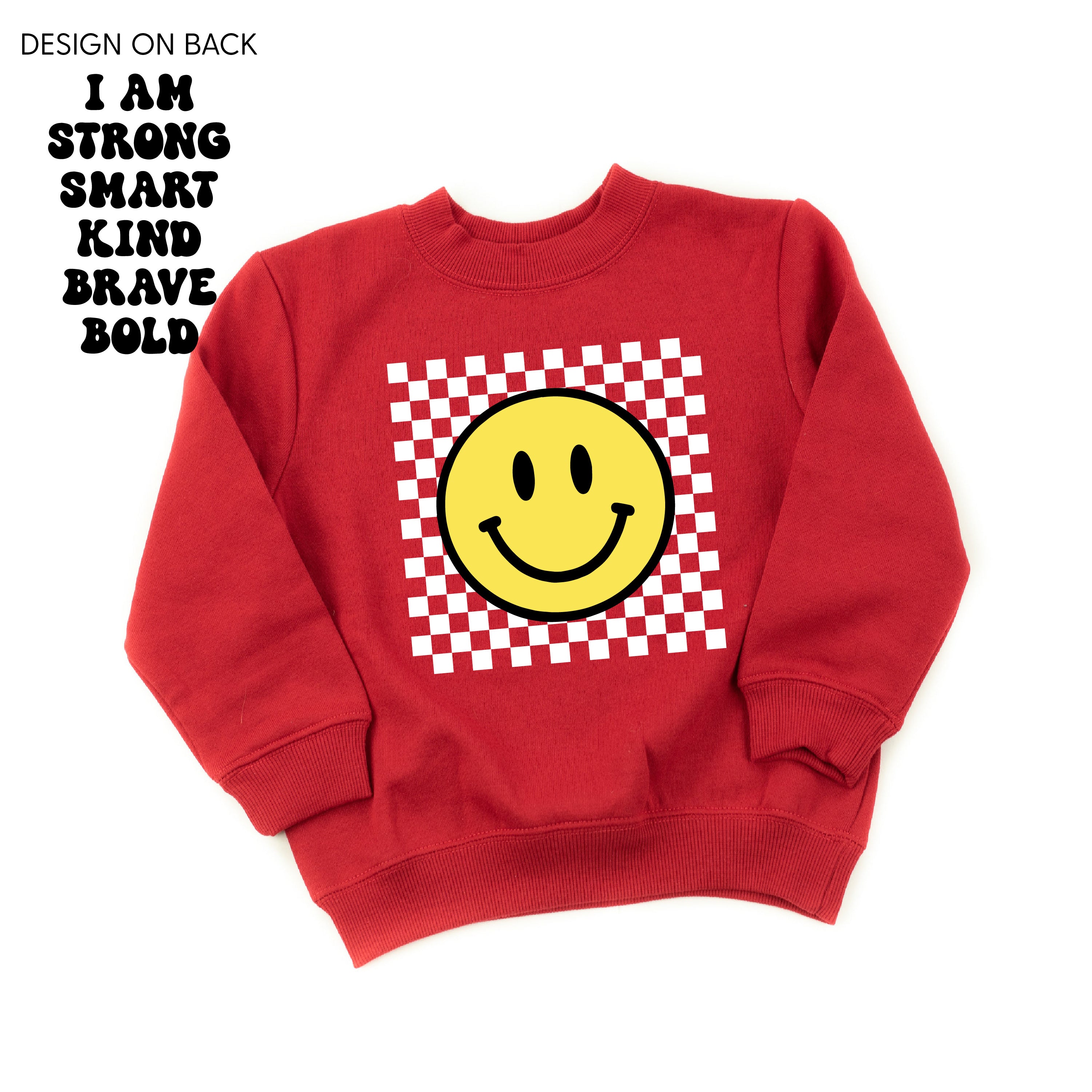 Big Yellow Checker Smiley - I am Strong Smart Kind Brave Bold (f & b) - Child Sweater Little Mama Shirt Shop