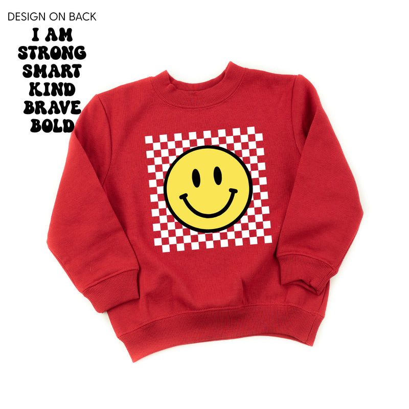Big Yellow Checker Smiley (Front) w/ I am Strong Smart Kind Brave Bold (Back) - Child Sweater