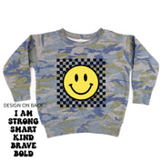 Big Yellow Checker Smiley - I am Strong Smart Kind Brave Bold (f & b) - Child Sweater Little Mama Shirt Shop