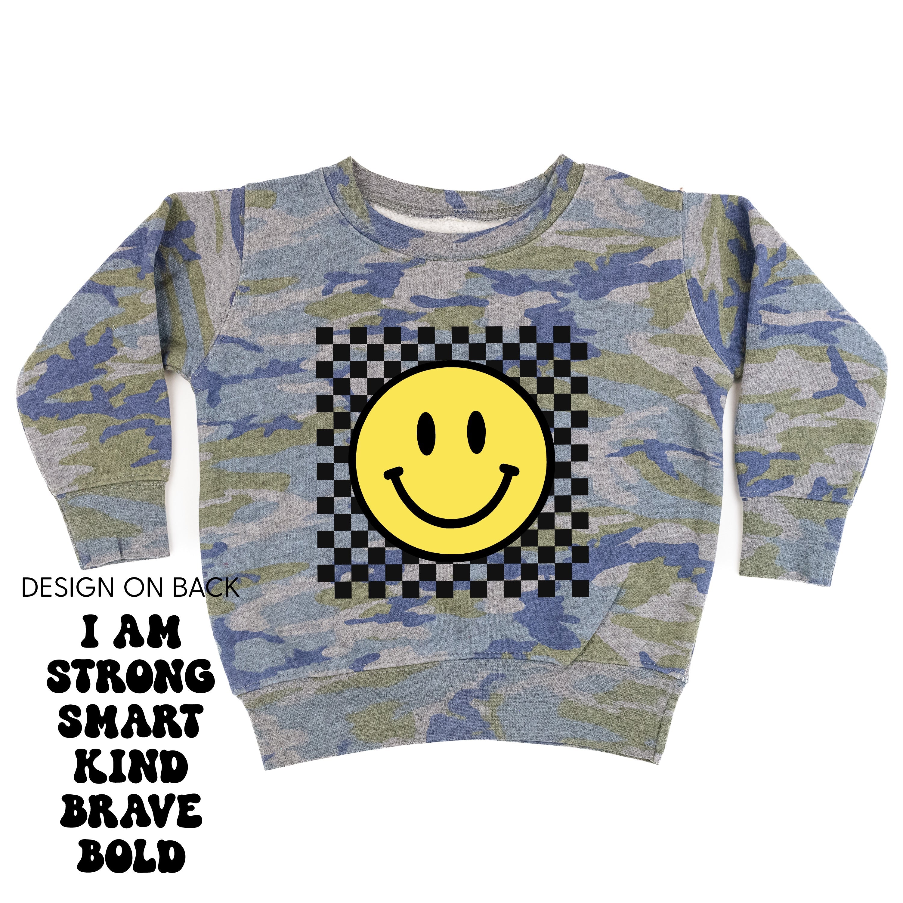 Big Yellow Checker Smiley - I am Strong Smart Kind Brave Bold (f & b) - Child Sweater Little Mama Shirt Shop