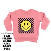 Big Yellow Checker Smiley - I am Strong Smart Kind Brave Bold (f & b) - Child Sweater Little Mama Shirt Shop