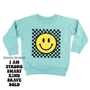Big Yellow Checker Smiley - I am Strong Smart Kind Brave Bold (f & b) - Child Sweater Little Mama Shirt Shop
