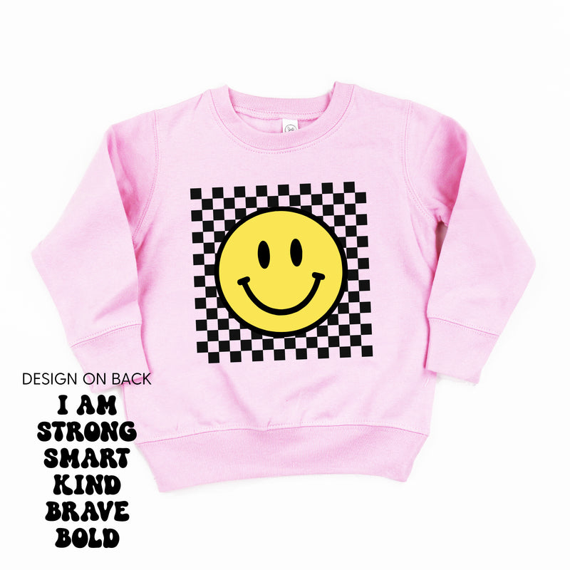 Big Yellow Checker Smiley (Front) w/ I am Strong Smart Kind Brave Bold (Back) - Child Sweater