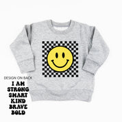 Big Yellow Checker Smiley - I am Strong Smart Kind Brave Bold (f & b) - Child Sweater Little Mama Shirt Shop