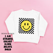 Big Yellow Checker Smiley - I am Strong Smart Kind Brave Bold (f & b) - Child Sweater Little Mama Shirt Shop