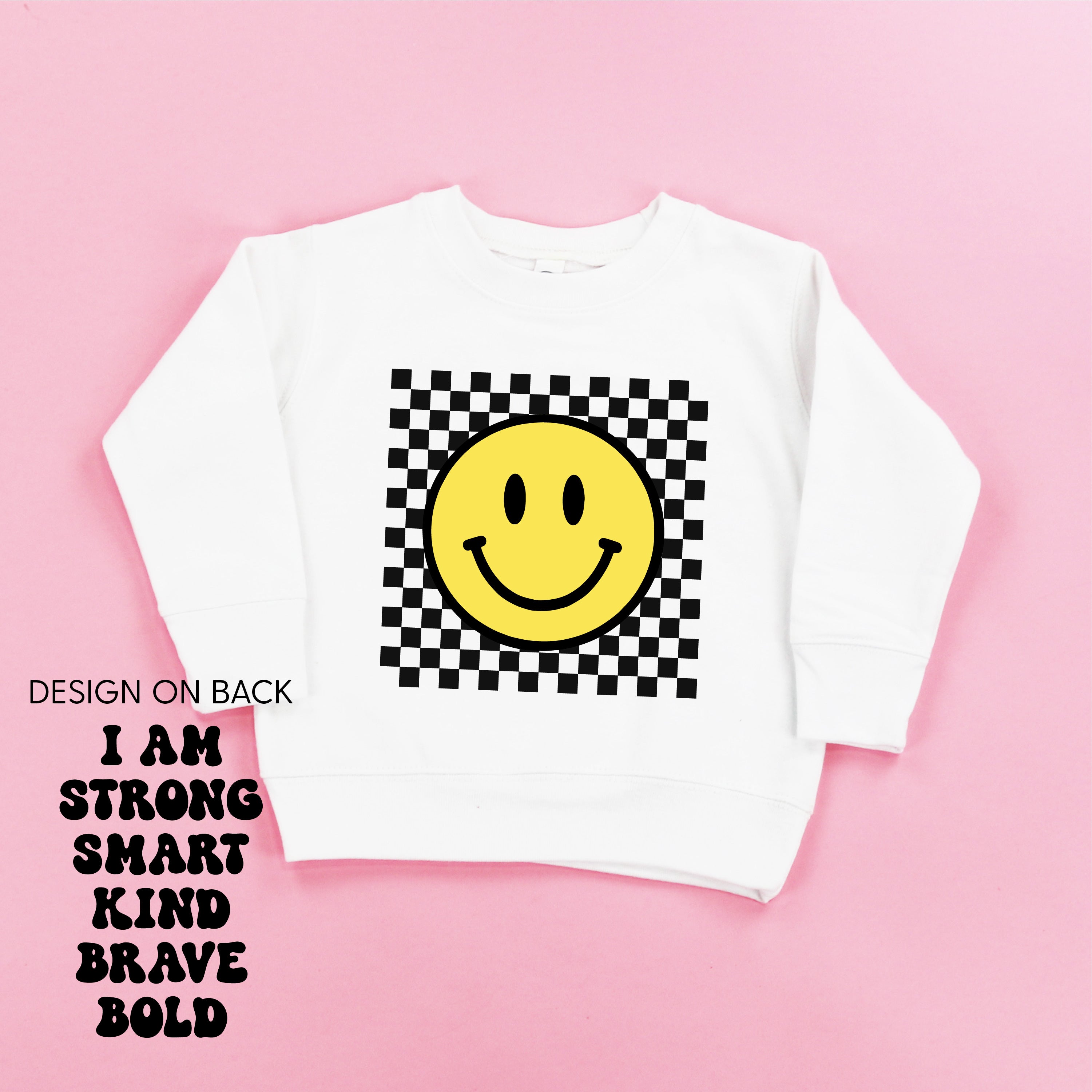 Big Yellow Checker Smiley - I am Strong Smart Kind Brave Bold (f & b) - Child Sweater Little Mama Shirt Shop