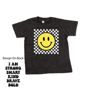 Big Yellow Checker Smiley - I am Strong Smart Kind Brave Bold (f & b) - Child Tee Little Mama Shirt Shop