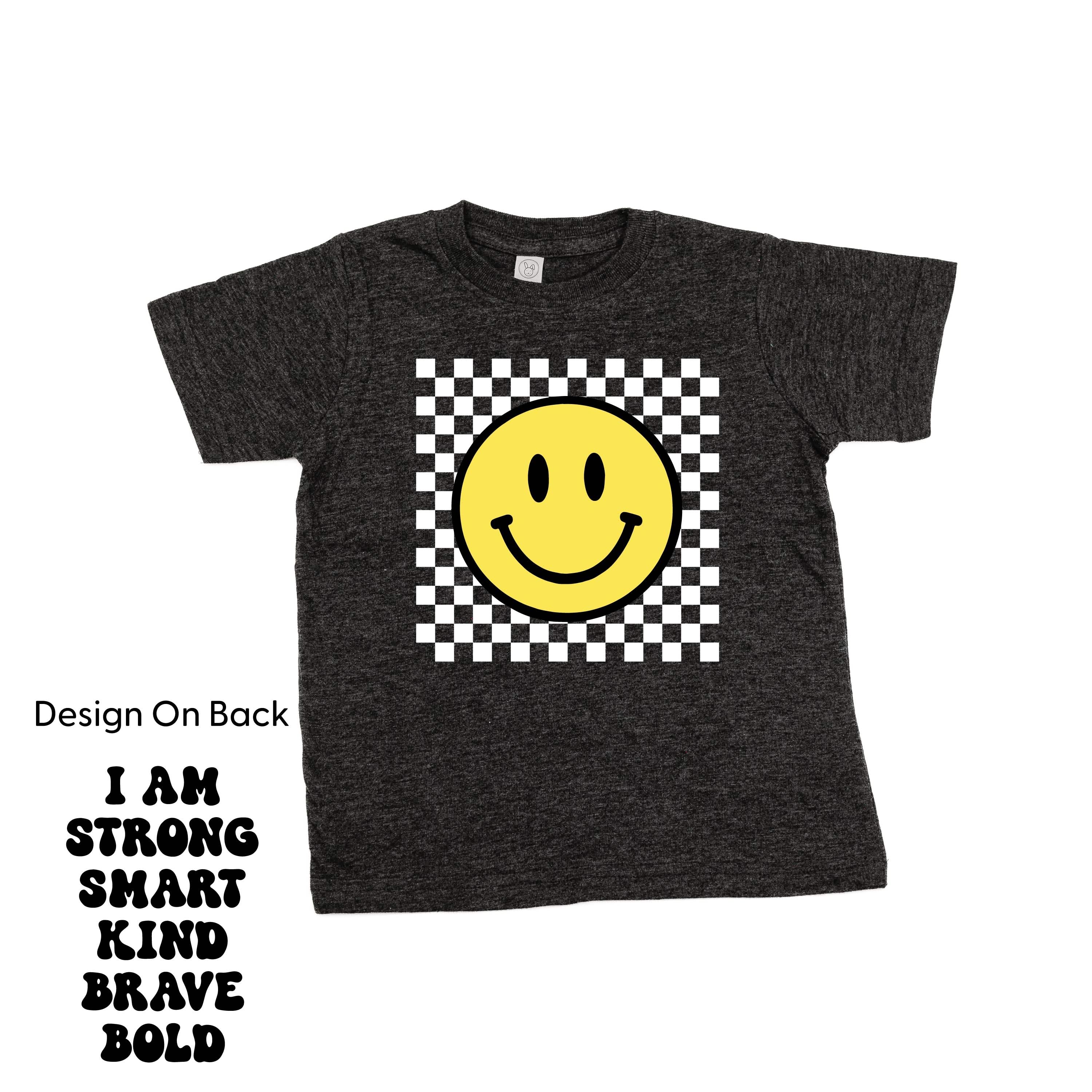 Big Yellow Checker Smiley - I am Strong Smart Kind Brave Bold (f & b) - Child Tee Little Mama Shirt Shop
