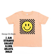 Big Yellow Checker Smiley - I am Strong Smart Kind Brave Bold (f & b) - Child Tee Little Mama Shirt Shop