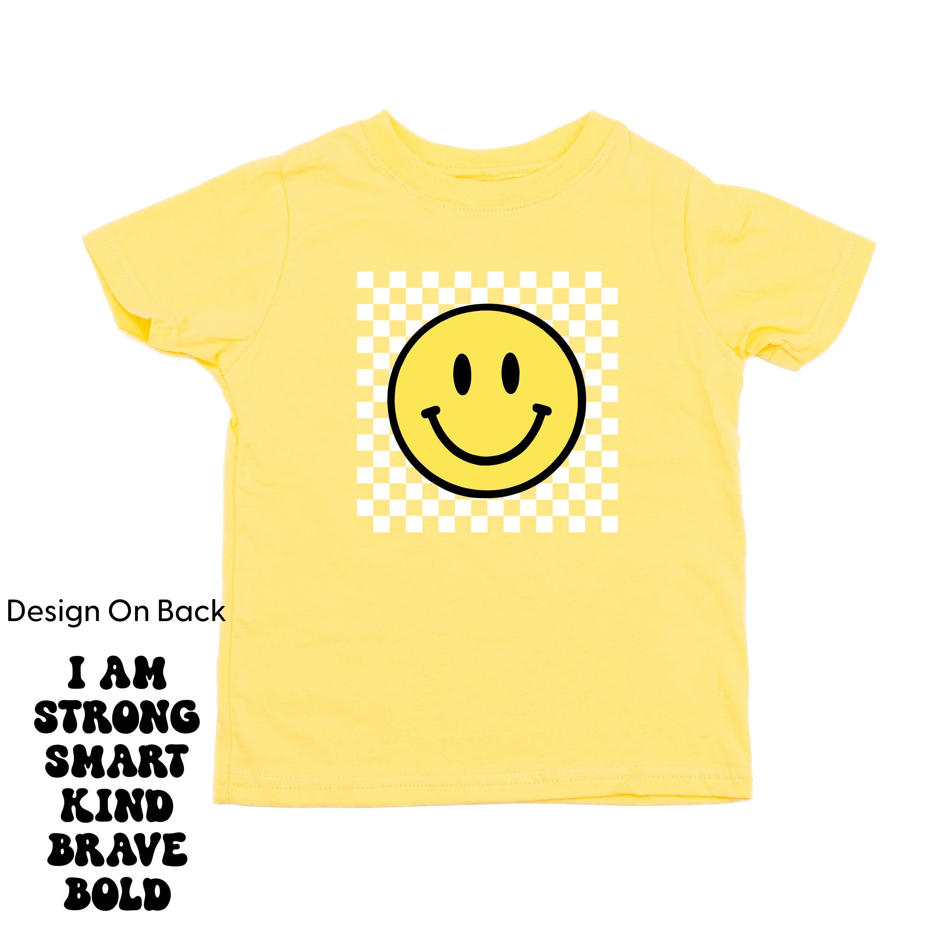 Big Yellow Checker Smiley - I am Strong Smart Kind Brave Bold (f & b) - Child Tee Little Mama Shirt Shop