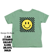 Big Yellow Checker Smiley - I am Strong Smart Kind Brave Bold (f & b) - Child Tee Little Mama Shirt Shop