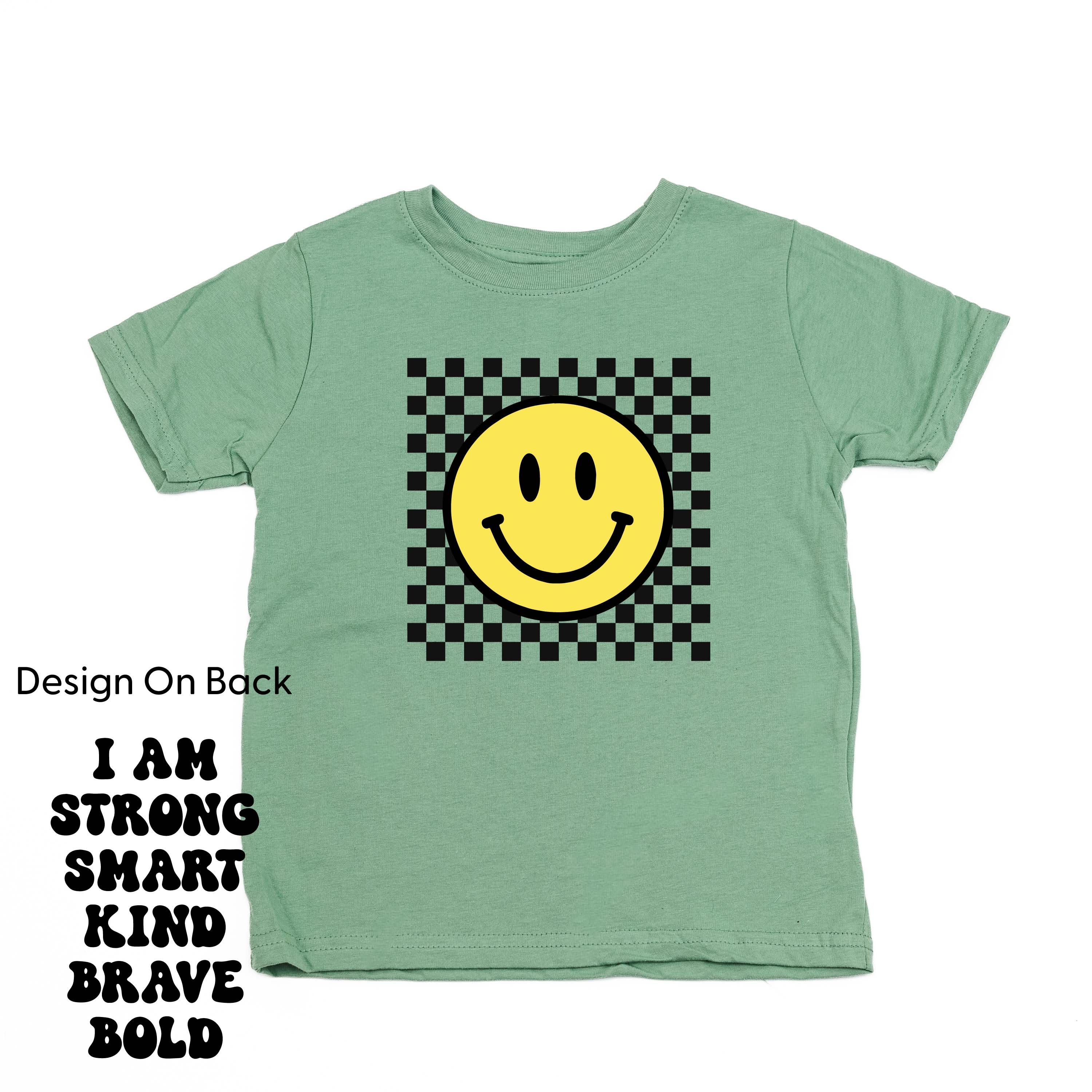 Big Yellow Checker Smiley - I am Strong Smart Kind Brave Bold (f & b) - Child Tee Little Mama Shirt Shop