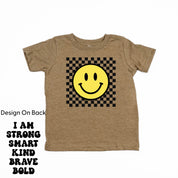 Big Yellow Checker Smiley - I am Strong Smart Kind Brave Bold (f & b) - Child Tee Little Mama Shirt Shop