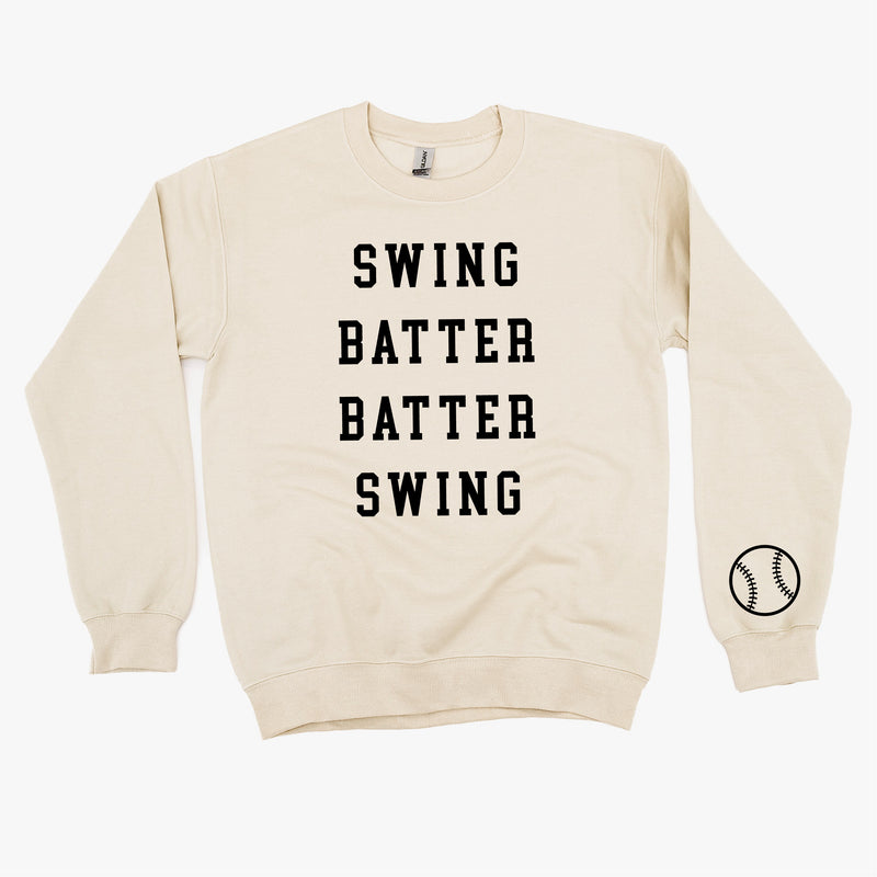 Swing Batter Batter Swing - Baseball Detail on Sleeve - BASIC FLEECE CREWNECK