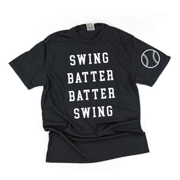 Swing Batter Batter Swing - Baseball Detail on Sleeve - SHORT SLEEVE COMFORT COLORS TEE