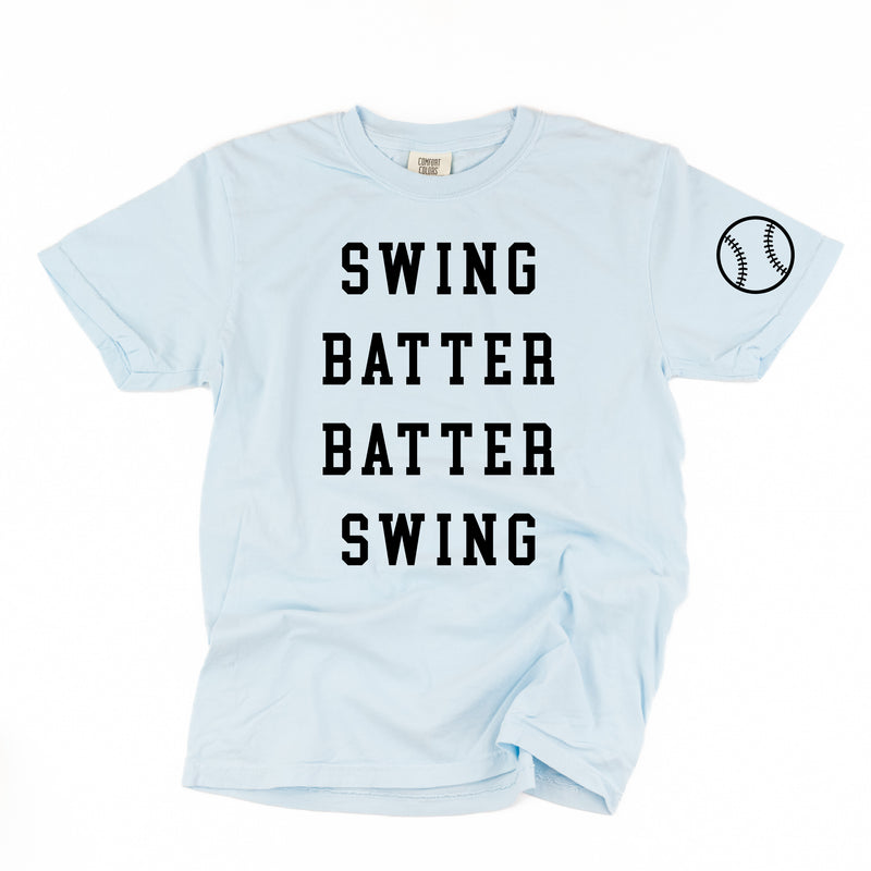 Swing Batter Batter Swing - Baseball Detail on Sleeve - SHORT SLEEVE COMFORT COLORS TEE