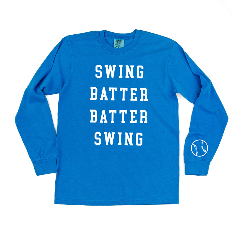 Swing Batter Batter Swing - Baseball Detail on Sleeve - LONG SLEEVE COMFORT COLORS TEE