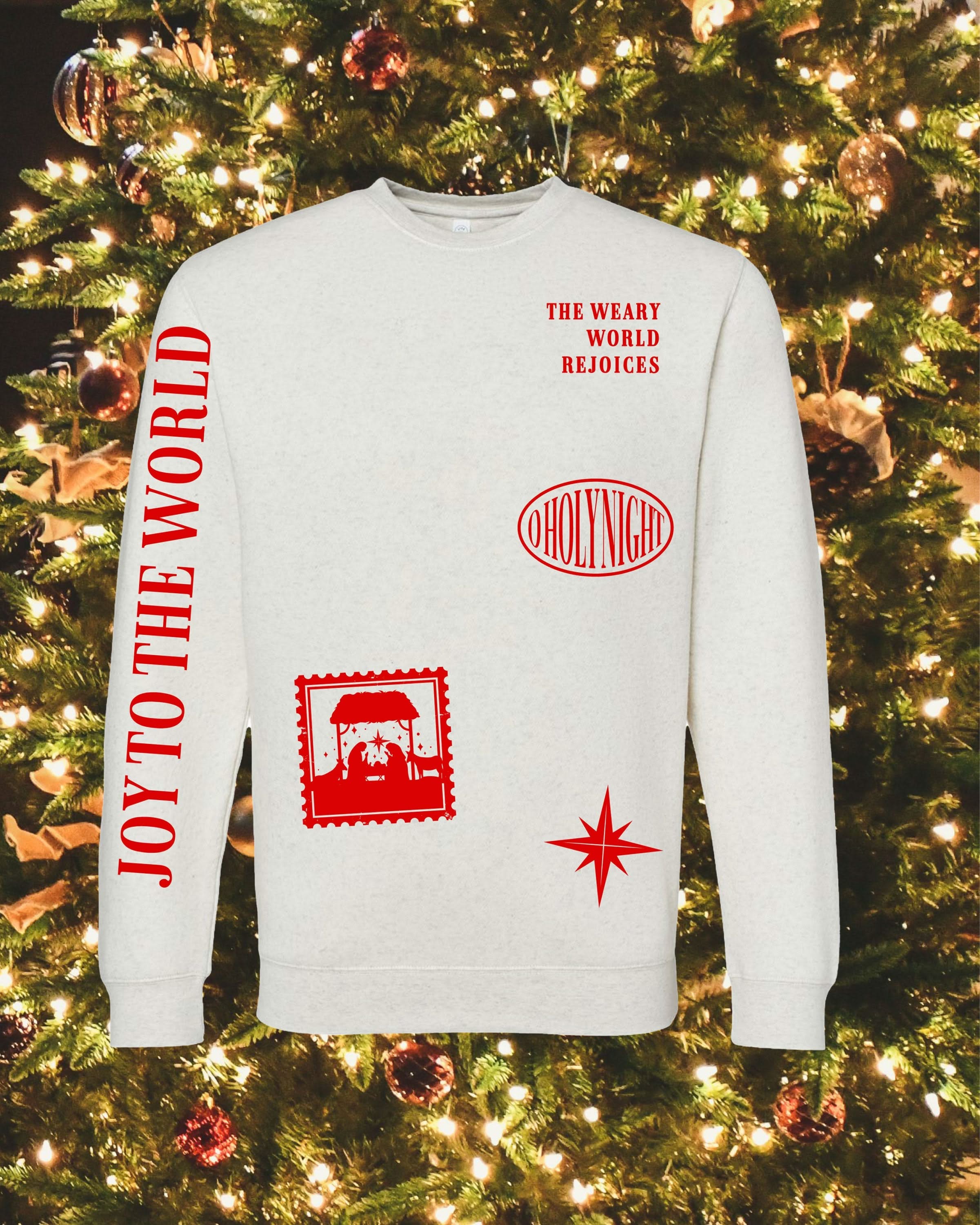 Adult sweater in natural with Christian Christmas graphics on the front, shown on flat lay – Little Mama Shirt Shop