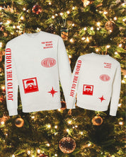 Adult and child sweater in natural with Christian Christmas graphics on the front, shown on flat lay – Little Mama Shirt Shop