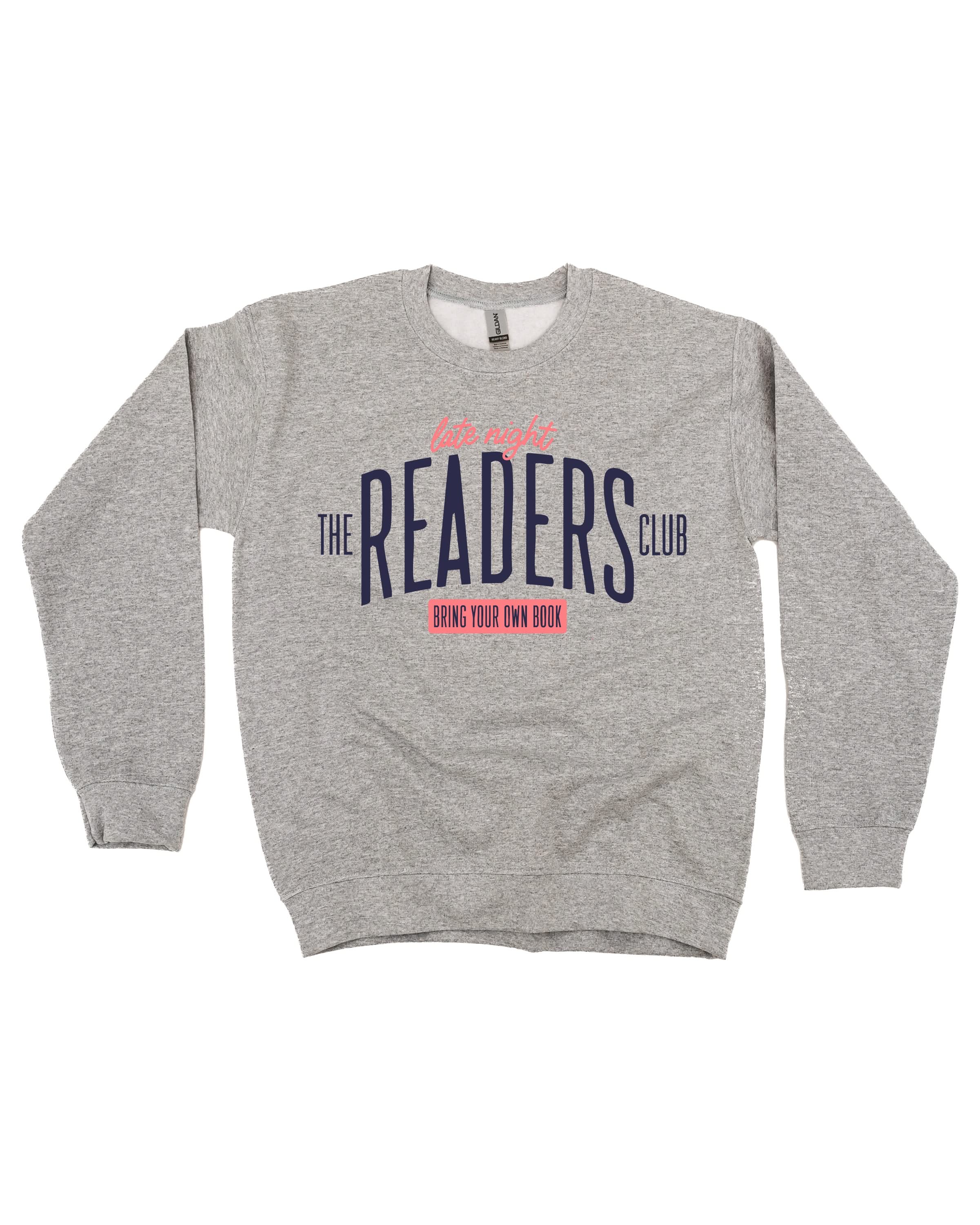 Unisex fleece sweatshirt in gray with “Late Night Readers Club BYOB” design on flat lay – Little Mama Shirt Shop