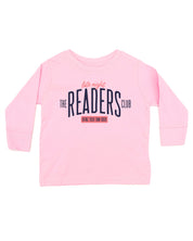 Child’s long sleeve tee with “Late Night Readers Club BYOB” design in pink, flat lay – Little Mama Shirt Shop
