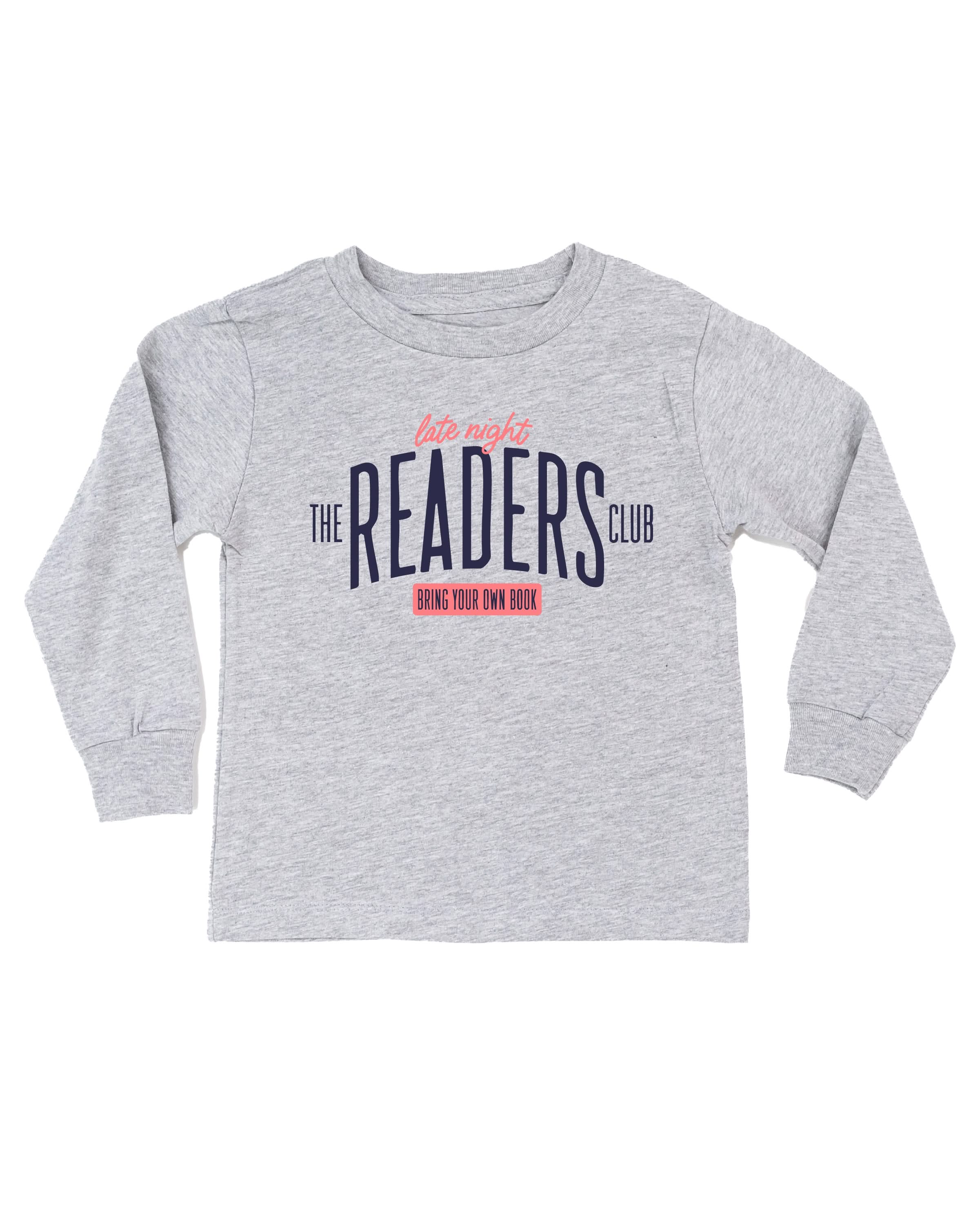 Child’s long sleeve tee with “Late Night Readers Club BYOB” design in gray, flat lay – Little Mama Shirt Shop