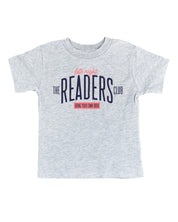 Child’s t-shirt with “Late Night Readers Club BYOB” design in gray, on flat lay – Little Mama Shirt Shop