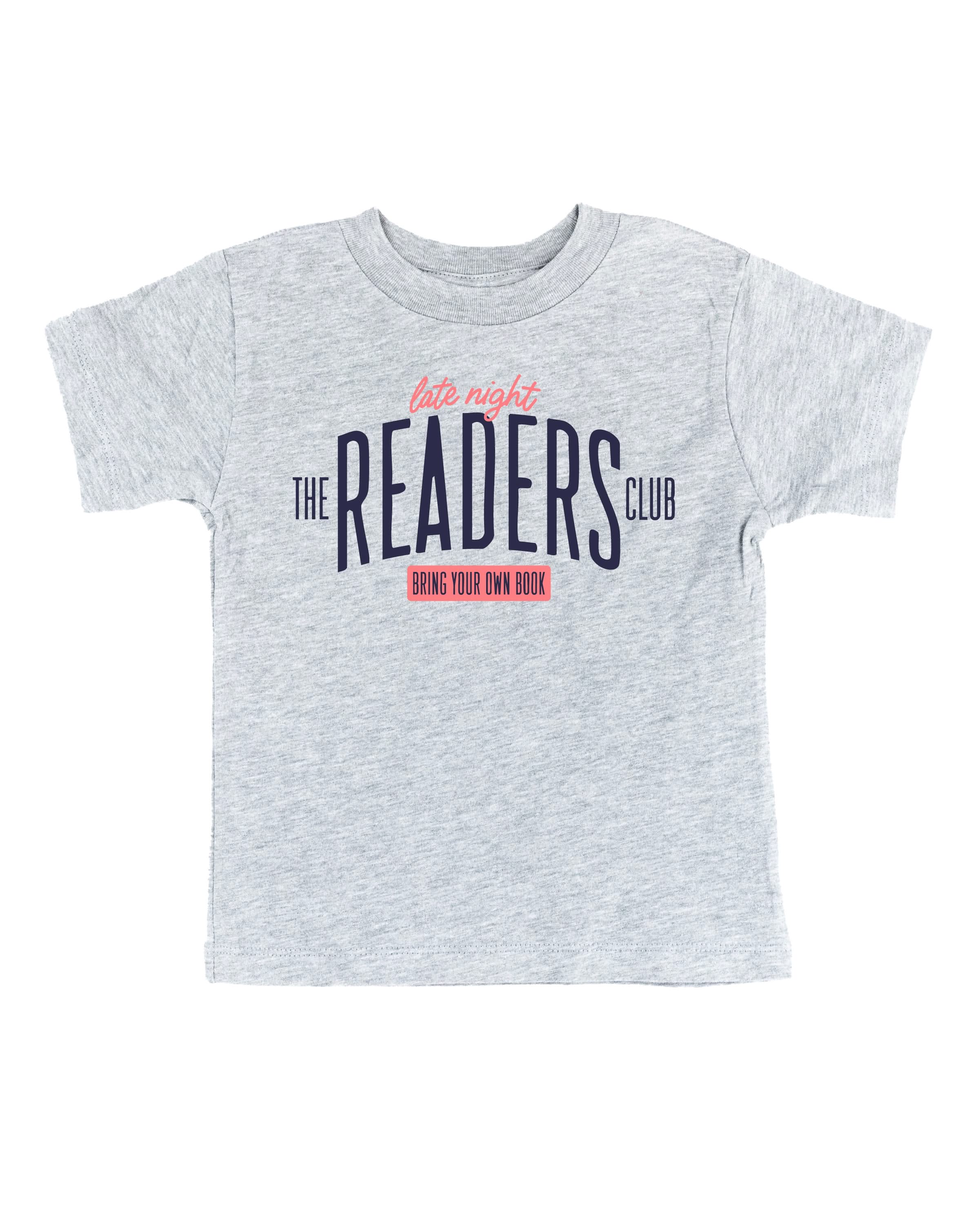 Child’s t-shirt with “Late Night Readers Club BYOB” design in gray, on flat lay – Little Mama Shirt Shop
