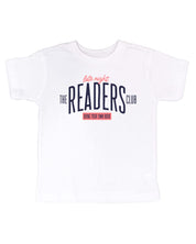 Child’s t-shirt with “Late Night Readers Club BYOB” design in white, on flat lay – Little Mama Shirt Shop