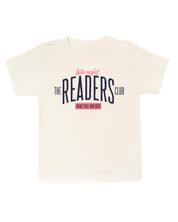 Child’s t-shirt with “Late Night Readers Club BYOB” design in natural, on flat lay – Little Mama Shirt Shop