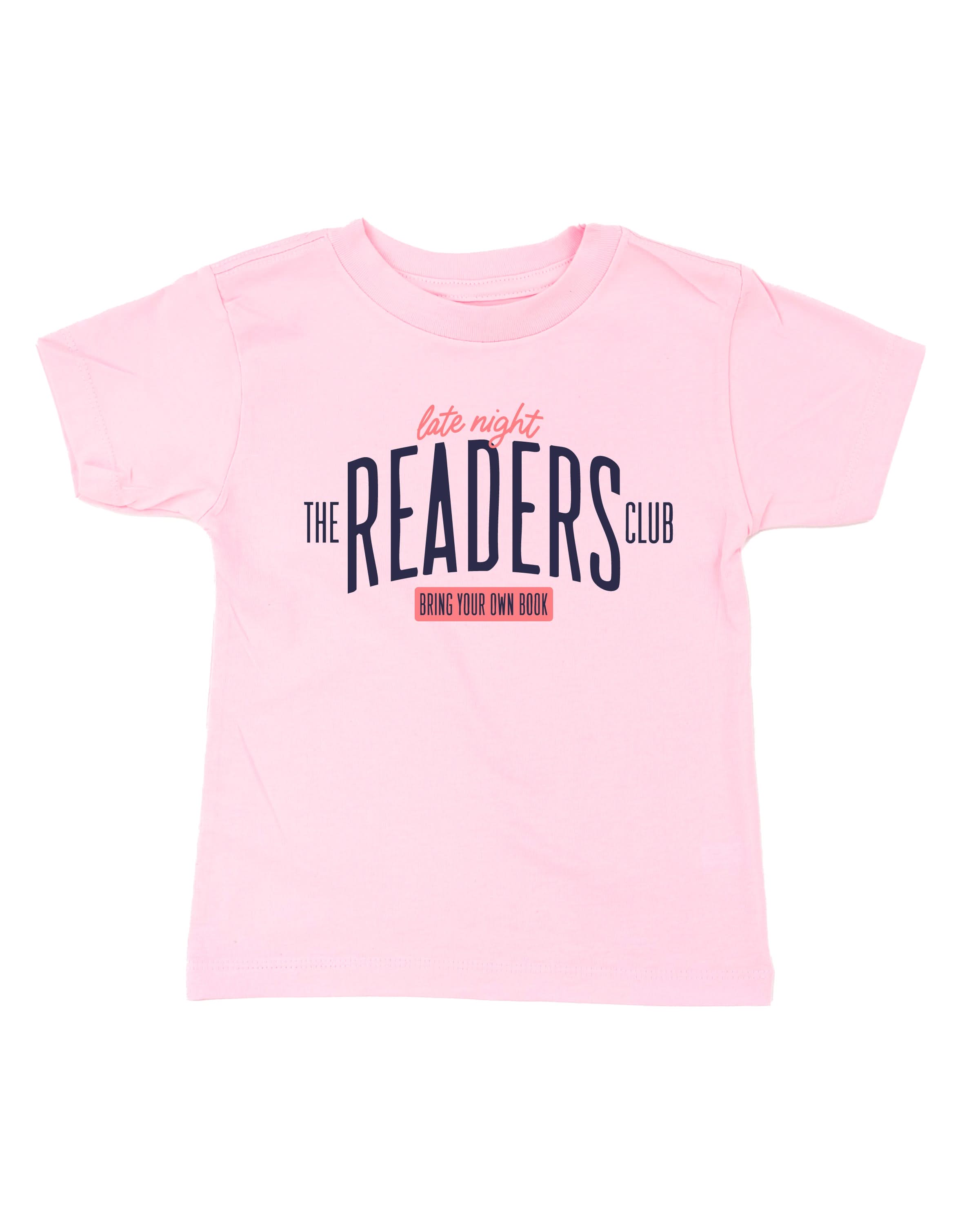 Child tee in ballerina pink with “Late Night Readers Club BYOB” design on flat lay – Little Mama Shirt Shop