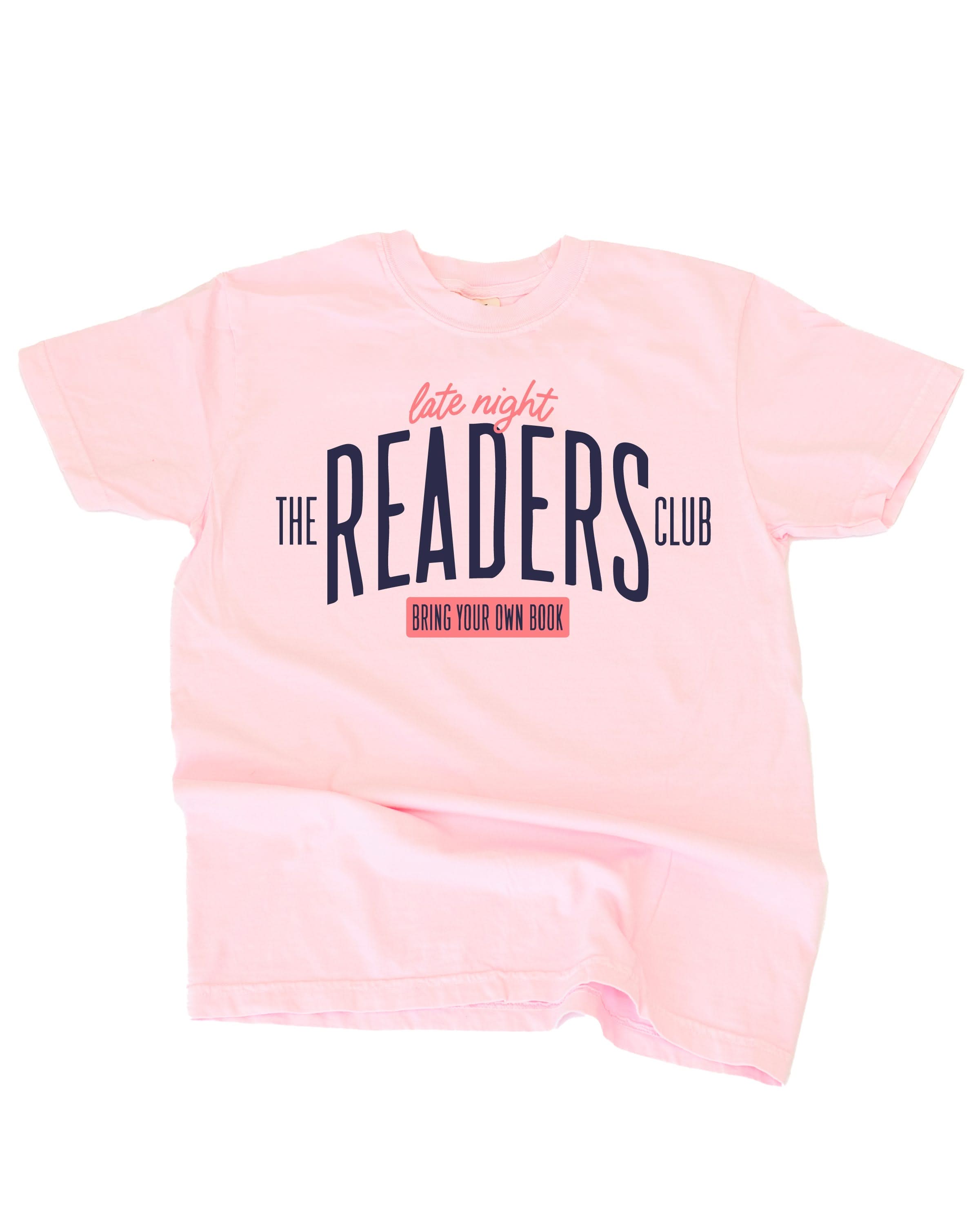 Adult tee in blossom with “Late Night Readers Club BYOB” design on flat lay – Little Mama Shirt Shop