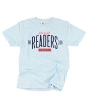 Unisex Comfort Colors tee with “Late Night Readers Club BYOB” design in chambray, flat lay – Little Mama Shirt Shop