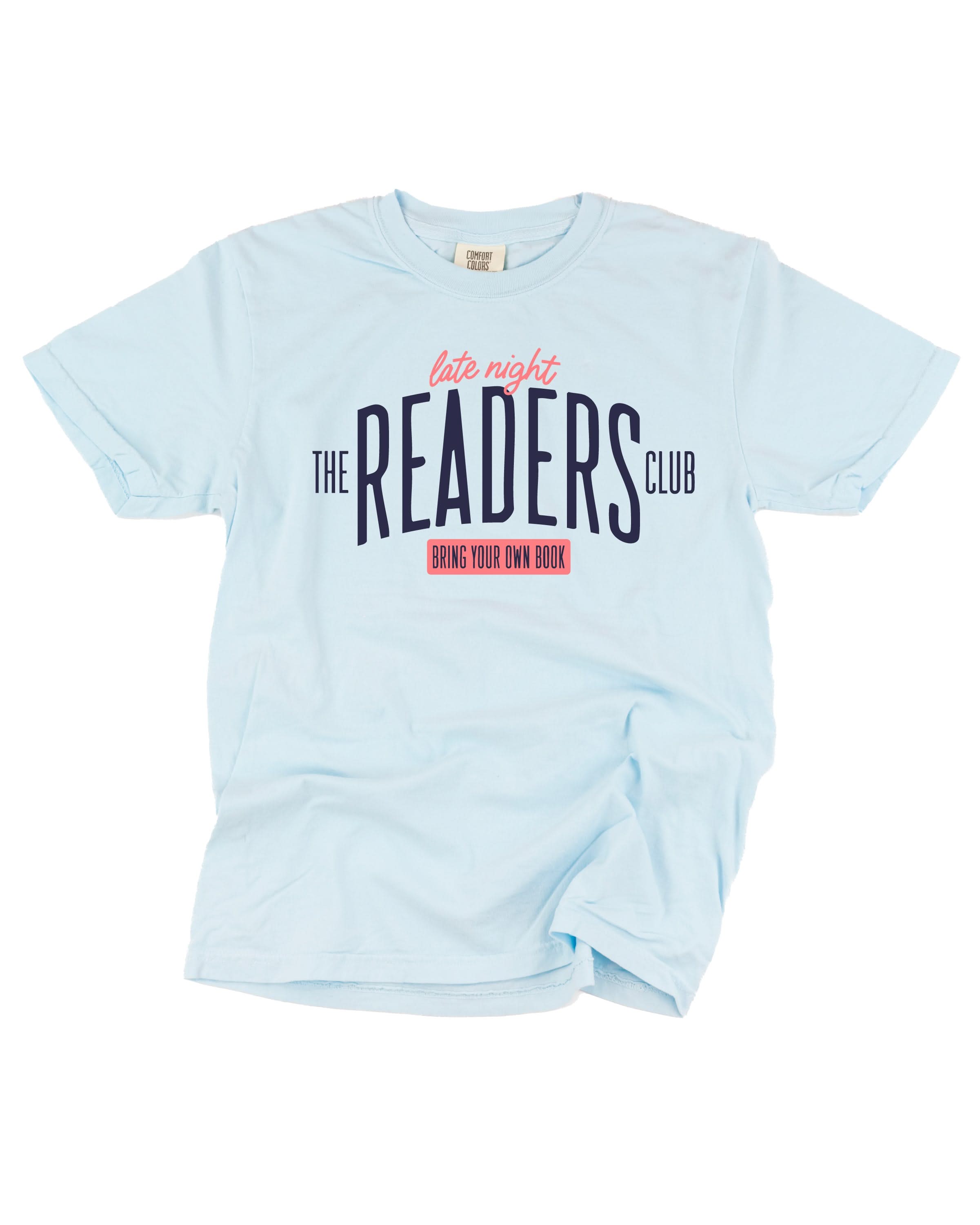 Unisex Comfort Colors tee with “Late Night Readers Club BYOB” design in chambray, flat lay – Little Mama Shirt Shop