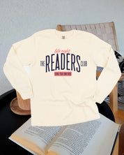 Comfort Colors long sleeve tee in ivory with “Late Night Readers Club BYOB” design on flat lay – Little Mama Shirt Shop