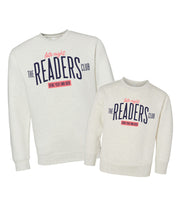 Coordinating natural heather mommy & me fleece sweaters with “Late Night Readers Club BYOB” design on flat lay – Little Mama Shirt Shop