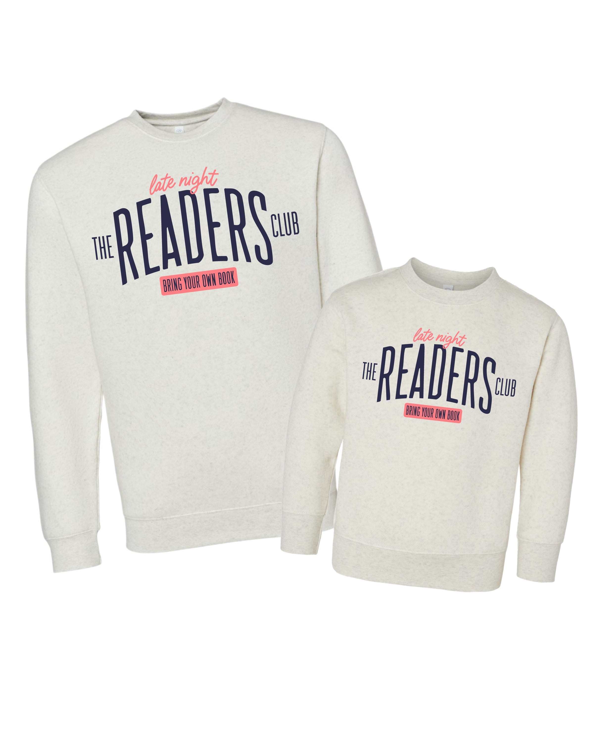 Coordinating natural heather mommy & me fleece sweaters with “Late Night Readers Club BYOB” design on flat lay – Little Mama Shirt Shop