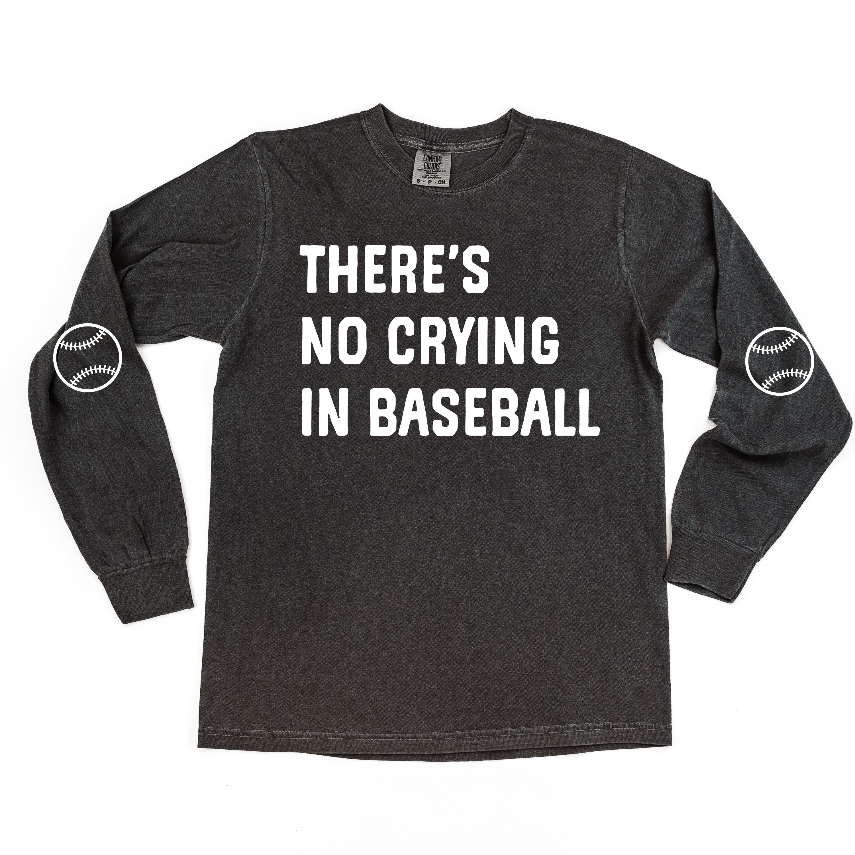 There's No Crying In Baseball (elbows) - Custom Number (back) - LONG SLEEVE Comfort Colors Tee Little Mama Shirt Shop