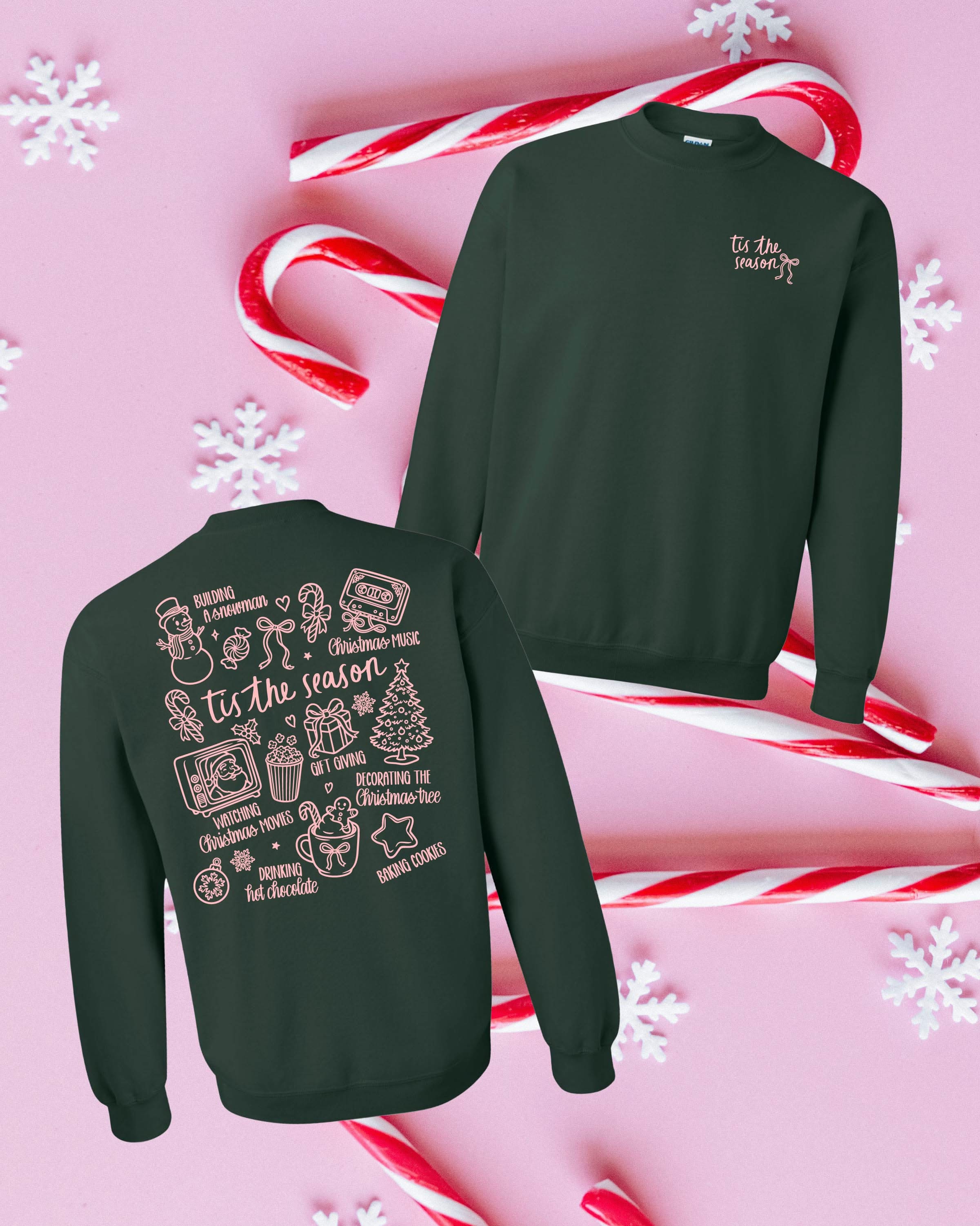 Adult forest sweater with 'Tis the Season' graphic, shown on flat lay – Little Mama Shirt Shop