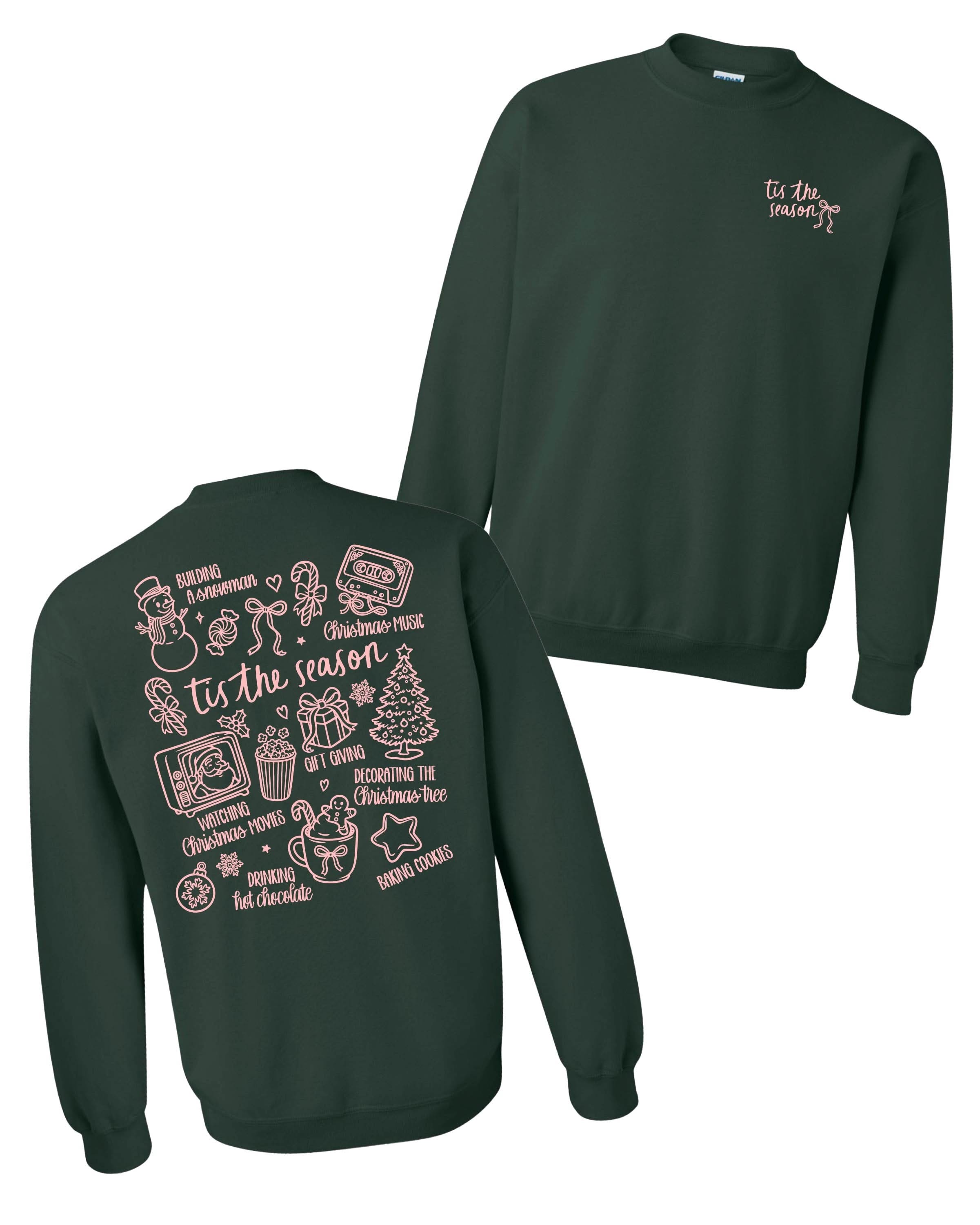 Adult forest sweater with 'Tis the Season' graphic, shown on flat lay – Little Mama Shirt Shop