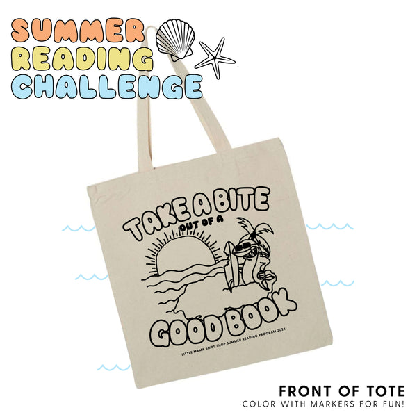 2024 SUMMER READING PROGRAM TOTE - TAKE A BITE OUT OF A GOOD BOOK (front and back design)
