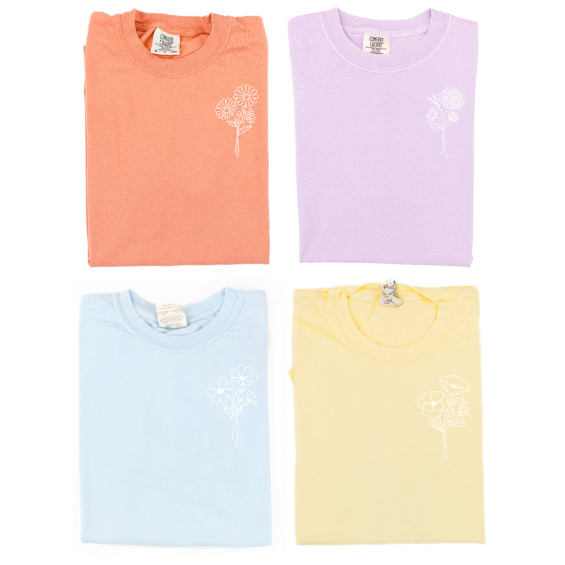 1 EMBROIDERED Birth Flower (Pocket Placement) w/ White Thread - SHORT SLEEVE COMFORT COLORS