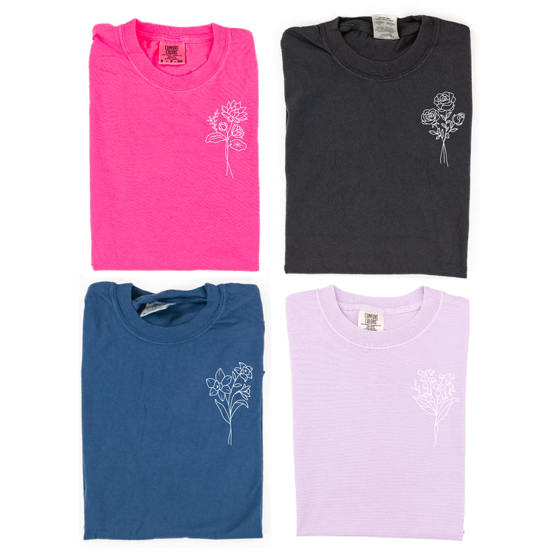 1 EMBROIDERED Birth Flower (Pocket Placement) w/ White Thread - SHORT SLEEVE COMFORT COLORS