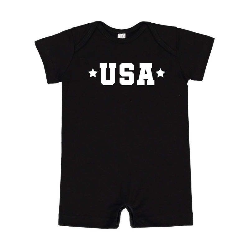 USA (Block Font - Two Stars) - Short Sleeve / Shorts - One Piece Baby Romper