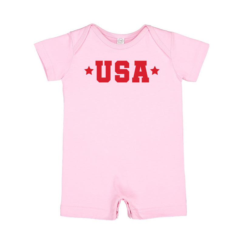 USA (Block Font - Two Stars) - Short Sleeve / Shorts - One Piece Baby Romper