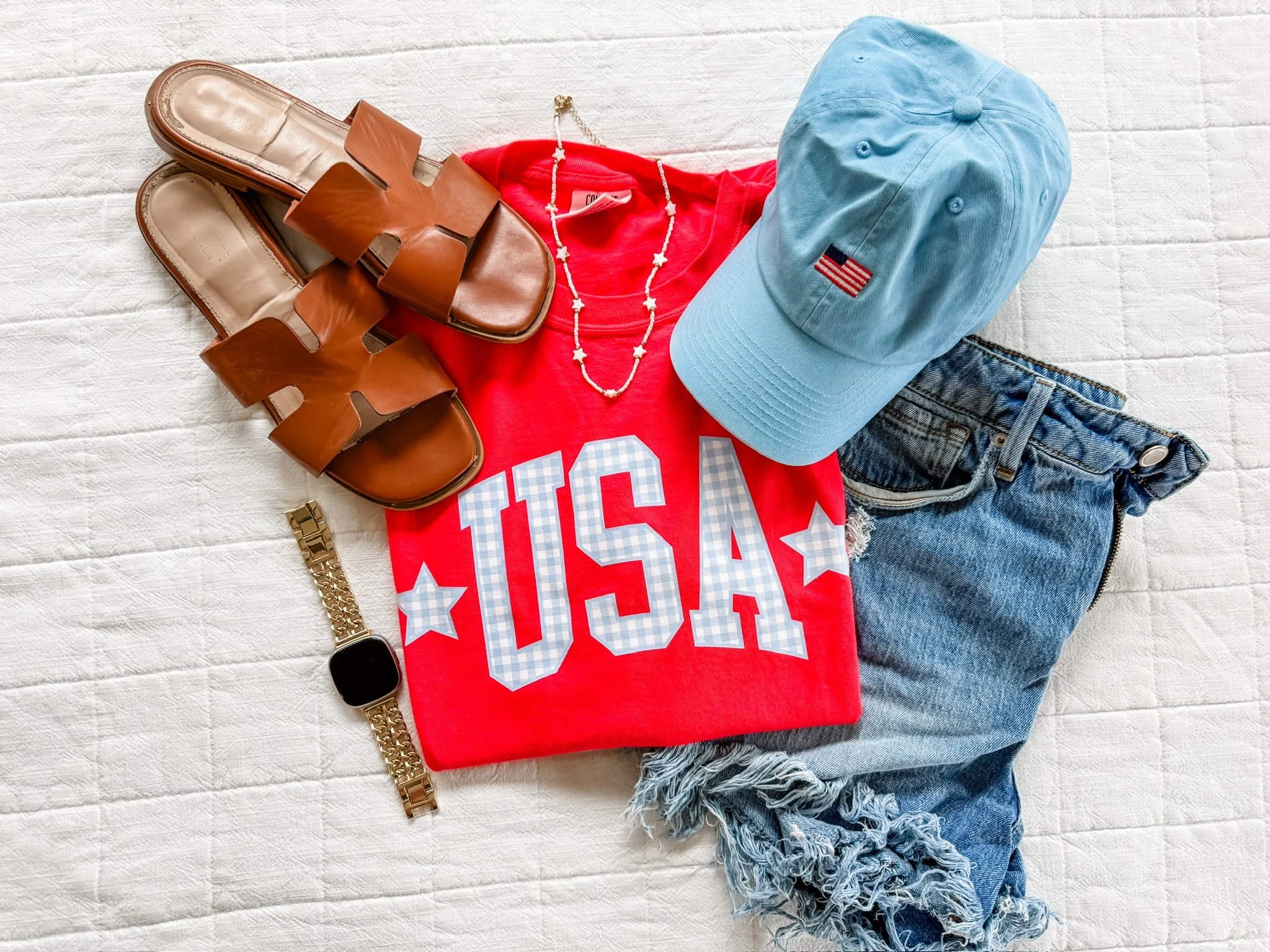 Red, white, and blue USA shirts with gingham design, patriotic summer outfits, comfort colors 4th of July tees