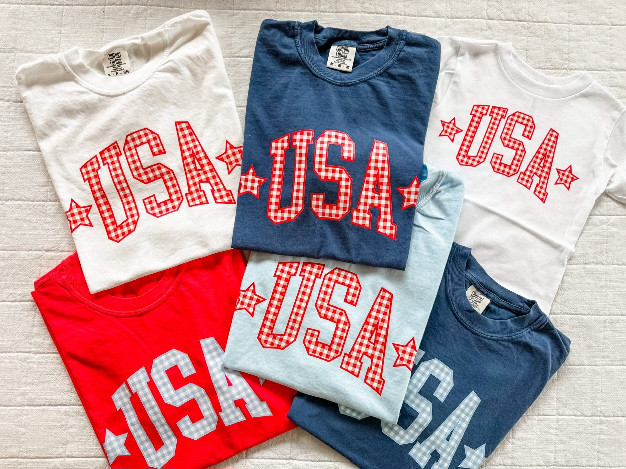 six different Red white and blue USA shirt with stars, blue gingham print graphic tee, patriotic mom shirt, 4th of July outfit idea, comfort colors USA tee